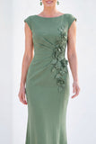 Fuchsia Mermaid Bateau Neck Ruched Floral Long Mother Of the Bride Dress with Cap Sleeves