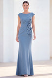 Fuchsia Mermaid Bateau Neck Ruched Floral Long Mother Of the Bride Dress with Cap Sleeves