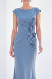 Fuchsia Mermaid Bateau Neck Ruched Floral Long Mother Of the Bride Dress with Cap Sleeves