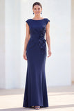 Fuchsia Mermaid Bateau Neck Ruched Floral Long Mother Of the Bride Dress with Cap Sleeves