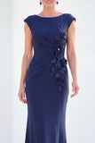 Fuchsia Mermaid Bateau Neck Ruched Floral Long Mother Of the Bride Dress with Cap Sleeves