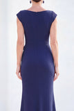 Fuchsia Mermaid Bateau Neck Ruched Floral Long Mother Of the Bride Dress with Cap Sleeves