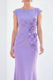 Fuchsia Mermaid Bateau Neck Ruched Floral Long Mother Of the Bride Dress with Cap Sleeves