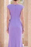 Fuchsia Mermaid Bateau Neck Ruched Floral Long Mother Of the Bride Dress with Cap Sleeves