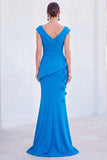 Blue Floral Mermaid V-Neck Ruched Long Mother Of the Bride Dress with Cap Sleeves