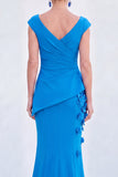 Blue Floral Mermaid V-Neck Ruched Long Mother Of the Bride Dress with Cap Sleeves