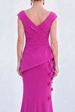 Blue Floral Mermaid V-Neck Ruched Long Mother Of the Bride Dress with Cap Sleeves