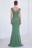 Blue Floral Mermaid V-Neck Ruched Long Mother Of the Bride Dress with Cap Sleeves