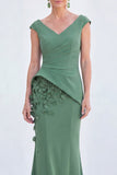 Blue Floral Mermaid V-Neck Ruched Long Mother Of the Bride Dress with Cap Sleeves