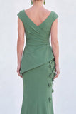 Blue Floral Mermaid V-Neck Ruched Long Mother Of the Bride Dress with Cap Sleeves
