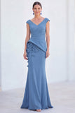 Blue Floral Mermaid V-Neck Ruched Long Mother Of the Bride Dress with Cap Sleeves