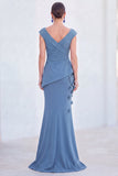 Blue Floral Mermaid V-Neck Ruched Long Mother Of the Bride Dress with Cap Sleeves