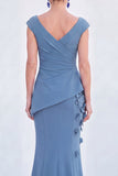 Blue Floral Mermaid V-Neck Ruched Long Mother Of the Bride Dress with Cap Sleeves