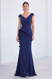 Blue Floral Mermaid V-Neck Ruched Long Mother Of the Bride Dress with Cap Sleeves