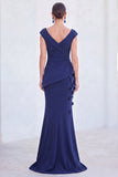 Blue Floral Mermaid V-Neck Ruched Long Mother Of the Bride Dress with Cap Sleeves