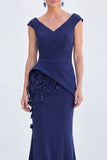 Blue Floral Mermaid V-Neck Ruched Long Mother Of the Bride Dress with Cap Sleeves