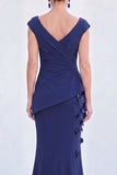 Blue Floral Mermaid V-Neck Ruched Long Mother Of the Bride Dress with Cap Sleeves