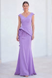 Blue Floral Mermaid V-Neck Ruched Long Mother Of the Bride Dress with Cap Sleeves