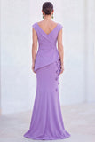 Blue Floral Mermaid V-Neck Ruched Long Mother Of the Bride Dress with Cap Sleeves