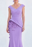 Blue Floral Mermaid V-Neck Ruched Long Mother Of the Bride Dress with Cap Sleeves