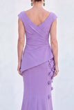 Blue Floral Mermaid V-Neck Ruched Long Mother Of the Bride Dress with Cap Sleeves