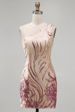 Sparkly Gold and Pink One Shoulder Bodycon Sequins Homecoming Dress