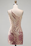 Sparkly Gold and Pink One Shoulder Bodycon Sequins Homecoming Dress