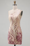 Sparkly Gold and Pink One Shoulder Bodycon Sequins Homecoming Dress