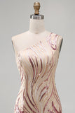 Sparkly Gold and Pink One Shoulder Bodycon Sequins Homecoming Dress
