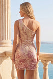 Sparkly Gold and Pink One Shoulder Bodycon Sequins Homecoming Dress