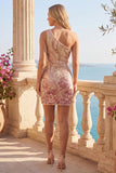 Sparkly Gold and Pink One Shoulder Bodycon Sequins Homecoming Dress