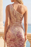 Sparkly Gold and Pink One Shoulder Bodycon Sequins Homecoming Dress