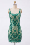 Sparkly Dark Green Square Neck Bodycon Sequins Homecoming Dress