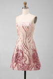 Sparkly A-Line Gold and Pink Strapless Sequins Homecoming Dress