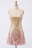 Sparkly A-Line Gold and Pink Strapless Sequins Homecoming Dress