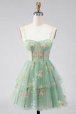 A-Line Tulle Floral Corset Embroidery Short Green Homecoming Dress with Bow