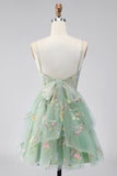 A-Line Tulle Floral Corset Embroidery Short Green Homecoming Dress with Bow