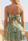A-Line Dusty Sage Tulle Floral Corset Homecoming Dress with Bow