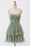 A-Line Dusty Sage Tulle Floral Corset Homecoming Dress with Bow