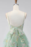 A-Line Tulle Floral Corset Embroidery Short Green Homecoming Dress with Bow