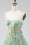 A-Line Tulle Floral Corset Embroidery Short Green Homecoming Dress with Bow