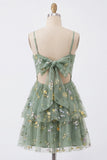 A-Line Dusty Sage Tulle Floral Corset Homecoming Dress with Bow