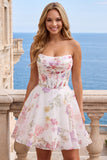 A-Line Strapless Ivory Floral Chiffon Ruched Corset Homecoming Dress