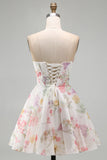A-Line Strapless Ivory Floral Chiffon Ruched Corset Homecoming Dress