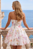 A-Line Strapless Ivory Floral Chiffon Ruched Corset Homecoming Dress
