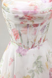 A-Line Strapless Ivory Floral Chiffon Ruched Corset Homecoming Dress