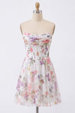 A-Line Strapless Ivory Floral Chiffon Ruched Corset Homecoming Dress