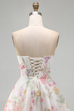 A-Line Strapless Ivory Floral Chiffon Ruched Corset Homecoming Dress