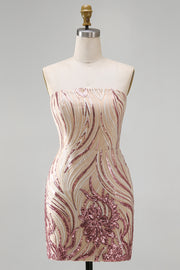 Sparkly Strapless Gold and Pink Bodycon Sequins Homecoming Dress