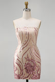 Sparkly Strapless Gold and Pink Bodycon Sequins Homecoming Dress